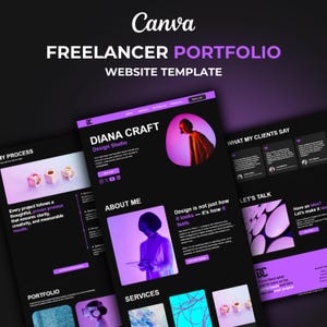 May include: A digital design featuring a Freelancer Portfolio Website Template. The design showcases a dark theme with purple accents, including website mockups with the text "DIANA CRAFT Design Studio" and "ABOUT ME". The Canva logo is at the top.