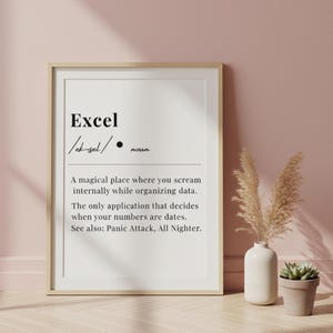 May include: A framed print with the word "Excel" and a humorous definition. The text is in black on a white background, set in a light wood frame. The print is displayed on a pink wall, with a vase and potted plant nearby.