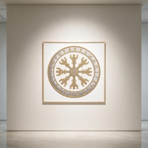 Arte mural Vegvisir (descarga digital), brújula rúnica bordada en 3D imprimible, póster de bastón vikingo de oro de 24 quilates, decoración sagrada de lujo del Valhalla