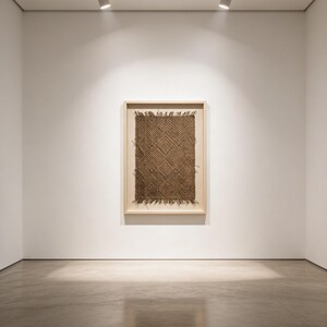 Op de afbeelding: Een ingelijst textielkunstwerk met een geometrisch patroon in bruintinten hangt aan een witte muur. Het kunstwerk is rechthoekig en heeft een geweven ontwerp met franjes aan de onderkant. De lijst is van lichtgekleurd hout. Twee spots verlichten het kunstwerk.