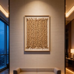 May include: A framed woven wall hanging with a natural fiber texture. The artwork features a repeating pattern of braided elements in shades of tan and brown. The frame is a light wood color, and the piece is mounted on a neutral-toned wall.
