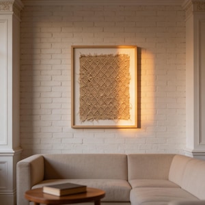 Könnte beinhalten: Ein gerahmtes gewebtes Textilkunstwerk mit einem Rautenmuster hängt an einer weißen Backsteinmauer. Ein hellbeige Ecksofa und ein kleiner runder Holztisch mit einem Buch befinden sich im Vordergrund. Das Kunstwerk ist in einem hellen Holzrahmen.