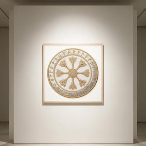 Arte mural Vegvisir (descarga digital), brújula vikinga bordada en 3D imprimible, póster nórdico con bastón de oro de 24 quilates, decoración sagrada de lujo