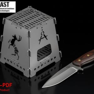May include: A silver-colored, laser-cut metal firebox with a deer silhouette and a knife with a wooden handle. The firebox has a square shape with ventilation slots and the text "DXF-PDF Digital Product".