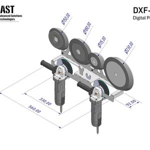May include: Technical drawing of a metal grinding machine with multiple grinding wheels, diameters ranging from 11.5cm to 23cm. Dimensions are in millimeters. The image includes the text "DXF-PDF Digital Product".