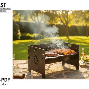 Puede incluir: Una barbacoa portátil marrón oscuro con un diseño de sol en el lateral, asando filetes y brochetas. El humo se eleva de la parrilla, con una ensalada y condimentos cerca. El texto "DXF-PDF Digital Product" es visible.