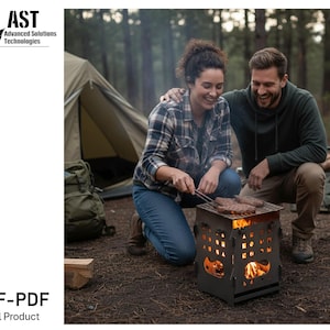 May include: A metal fire pit with a grill, used for cooking outdoors. The fire pit has decorative cutouts and is lit with a fire. A couple is cooking food over the fire. The image includes the text "DXF-PDF Digital Product".