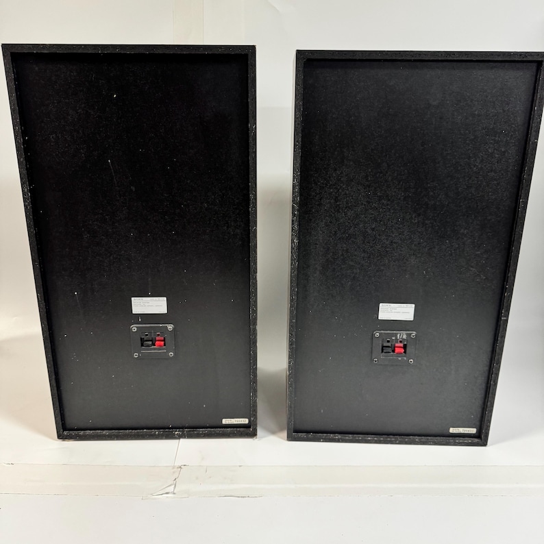 May include: Two black rectangular speakers with angled sides. Each speaker has a black textured surface and a red and black connector panel on the lower back. The speakers are set against a white background.