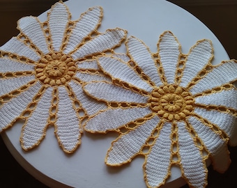 ViNTaGE Crochet Doilies Set of (2)*Flower Design Doilie Pair~Golden Yellow and White*Handmade Crochet Doilies~Table Doilies