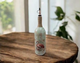 Dispensador de vinagre y aceite de oliva con diseño de flamenco francés estilo shabby chic y adorno de cristal rosa.