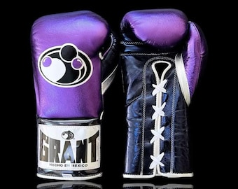 Nowe, spersonalizowane, fioletowe skórzane rękawice bokserskie w stylu Granta, wykonane w 100% z prawdziwej skóry.