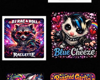 May include: A set of vibrant cartoon illustrations with animal characters and food themes. The images showcase a meditating cow labelled "Mozzarella", a skateboarding dog labelled "Gouda", a raccoon DJ labelled "Raclette", a punk-style possum labelled "Blue Cheeze", a goat with a video game controller labelled "Pepperjack Cheeze", and a bear playing a ukulele labelled "Roasted Garlic".