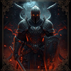 Peut inclure: Illustration détaillée d'un chevalier en armure sombre, tenant une épée et un bouclier. Le chevalier a des yeux rouges brillants et se détache sur un fond d'ailes sombres et d'accents rouge ardent. Thème fantastique.
