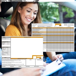 May include: Image features a woman smiling while looking at a document. The document has a grid with orange lines and the word "jouw" in orange. The top of the image has the text "RIJBEWIJS WINKEL BV" in black.