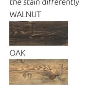 May include: A color chart displaying three wood stain options labeled Walnut, Oak, and Tobacco Barn. The text reads: COLORS. Colors vary as each piece of wood takes the stain differently. Each label is accompanied by a rectangular wood grain sample.