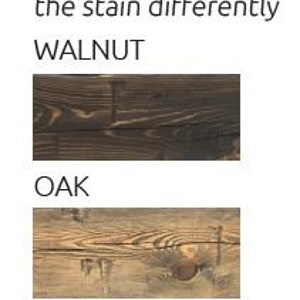 May include: A color chart displaying three wood stain options labeled Walnut, Oak, and Tobacco Barn. The text reads: COLORS. Colors vary as each piece of wood takes the stain differently. Each label is accompanied by a rectangular wood grain sample.