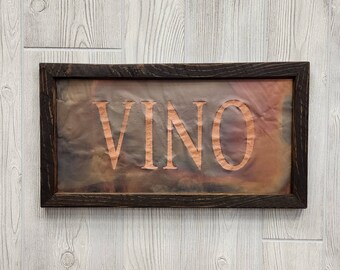 Framed Copper VINO Engraving, Tuscan Wine Decor