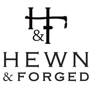 May include: Black and white logo with the text "HEWN & FORGED" and a stylized image of a hammer and an ampersand.