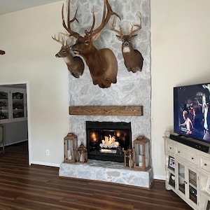 May include: A stone fireplace featuring a wooden mantel, a gas fire insert, and three taxidermy animal mounts displayed above. Two wooden lanterns with candles sit on the stone hearth, while a television is positioned to the right side.