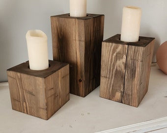 BIG Candle Holders, 7x7 Wood Candle Holders, Set of 3 Candle Holders, Timber Candle Holders, Rustic Candle Holders, Candle Centerpiece