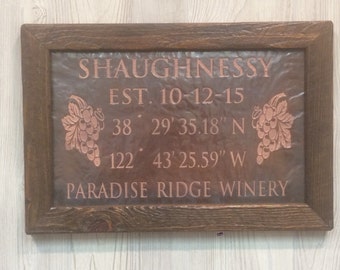 Engraved Copper Latitude Longitude Sign, Wine Wedding Gift
