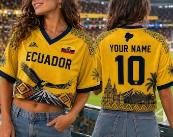Custom Ecuador Yellow Soccer Crop Top Jersey, Personalized Ecuador Shirt, Ecuador Jersey with Name, Ecuador Fan Gift