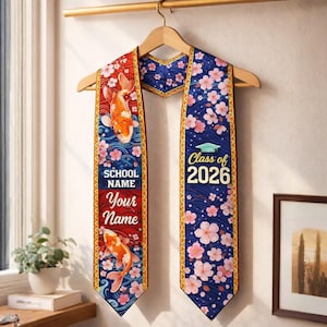 May include: A graduation sash with a red and blue design, featuring koi fish and cherry blossoms. The sash includes the text "School Name", "Your Name", and "Class of 2026". It is hanging on a wooden hanger.