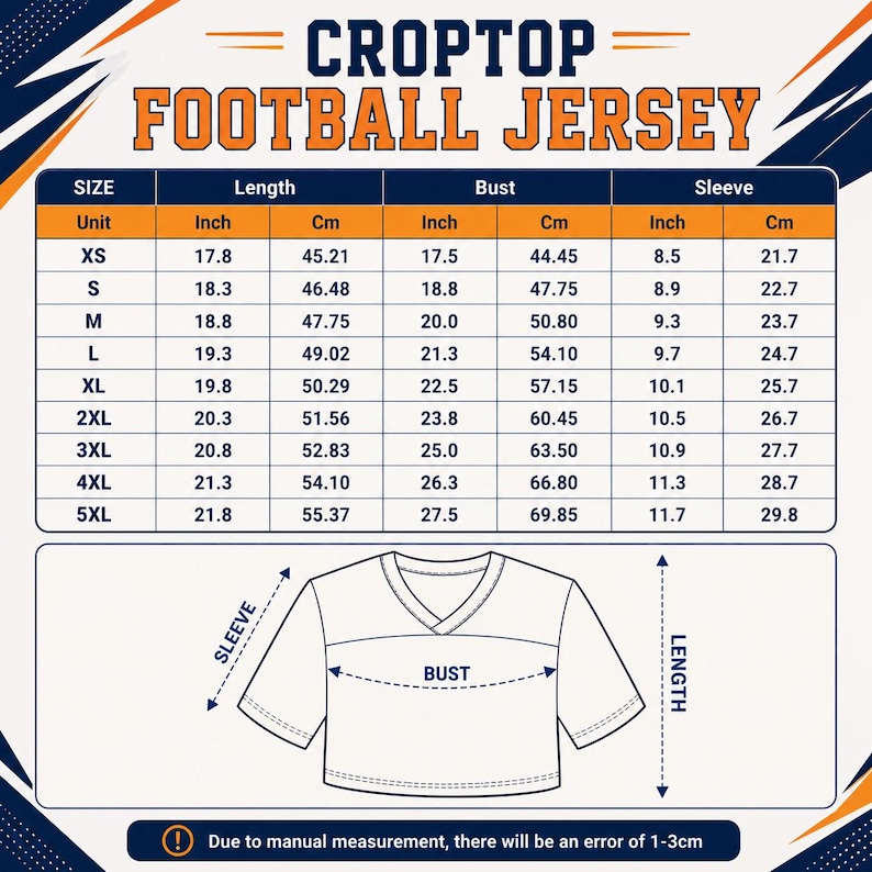 May include: A size chart for a croptop football jersey featuring a table with measurements in inches and centimeters for sizes XS through 5XL. Below the table is a line drawing of a V-neck jersey with arrows indicating the sleeve, bust, and length.
