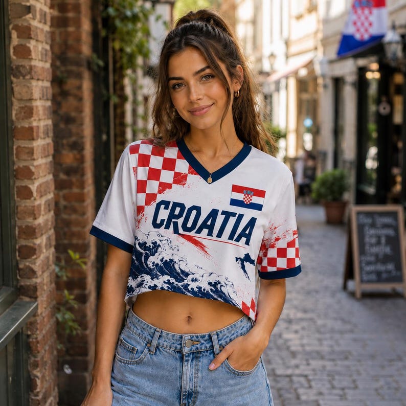 May include: A white V-neck crop top featuring the word CROATIA in bold blue letters. The design includes a red and white checkered pattern, a small Croatian flag, and a blue and white wave graphic. The sleeves and neckline have dark blue trim.