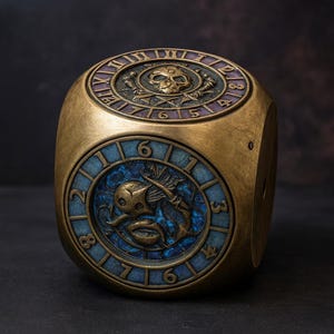 May include: A brass-colored, six-sided die with intricate designs. Each face features a circular design with Roman numerals and a central image, including a skull and a fish. The die has a weathered, antique appearance.