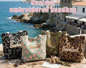 Personalized Embroidered Tote Bag, Custom Name Bag for Her, Floral Leopard Print Handbag, Unique Gift for Women, Birthday Anniversary Gift