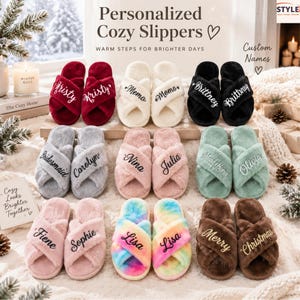 May include: A collection of plush, open-toe slippers in various colors including red, white, black, gray, pink, green, and rainbow, each featuring embroidered names like Kristy, Memo, Brittney, Carolyn, Nina, Julia, Olivia, Fiene, Sophie, Lisa, Merry, and Christmas.