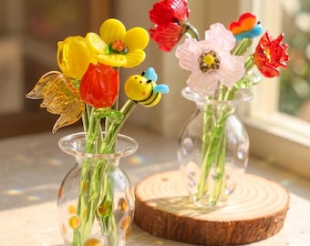 Handgemaakte geblazen glas geboortemaand bloem, geblazen glas roos, klaproos, kerstcadeau voor moeder, herdenkingscadeau voor oma, handgemaakte bloemsierkunst