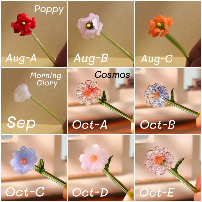 May include: A collection of glass flower sculptures in various colors, including red, purple, orange, and blue. Each flower is mounted on a green stem. The image includes text labels such as "Poppy," "Morning Glory," and "Cosmos."