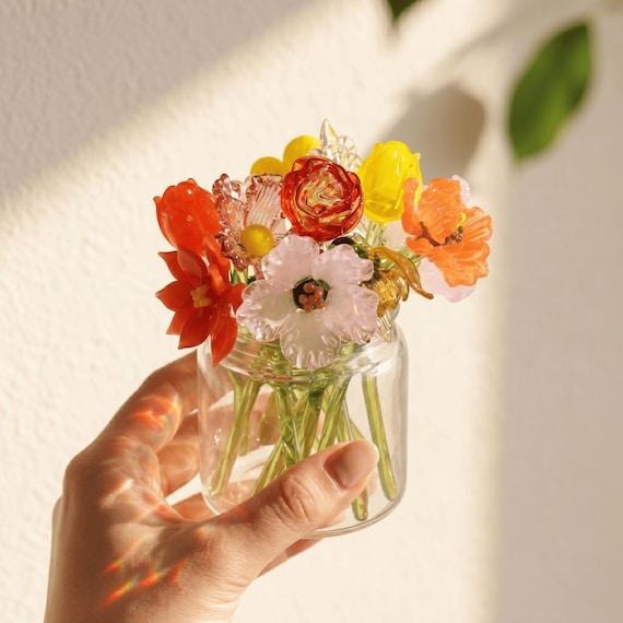Handmade Glass Birth Flower Bouquet, Meaningful Birthday Gift for Women Family, Mom Mothers Day Keepsake, Suncatcher Window Art