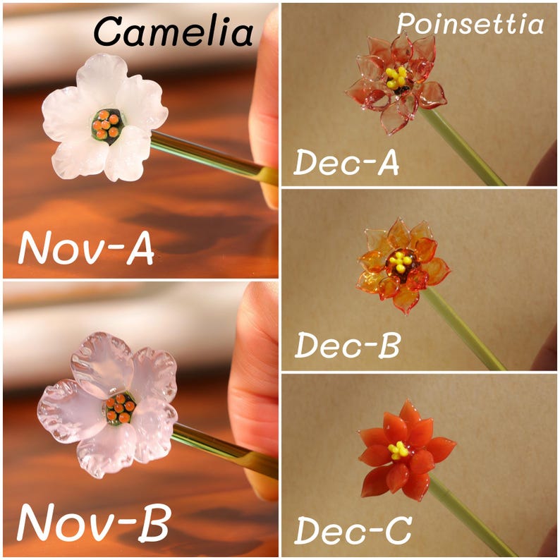 May include: A collection of handmade glass flower ornaments. The image shows a white Camelia flower, a pink Camelia flower, and three Poinsettia flowers in shades of red and orange. Each flower is attached to a green stem. The text "Camelia", "Poinsettia", "Nov-A", "Nov-B", "Dec-A", "Dec-B", and "Dec-C" is visible.