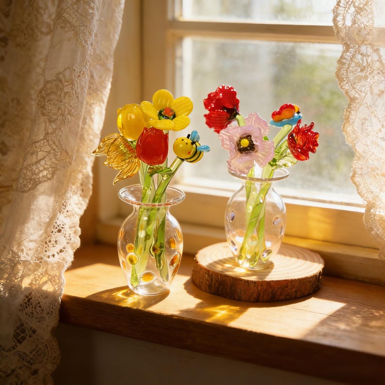 May include: Two small glass vases filled with colorful glass flowers, including yellow, red, and pink blooms. One vase features a small glass bee. The vases sit on a wooden surface near a window with lace curtains.
