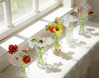 Handgefertigte mundgeblasene Glas Geburtsmonat Blume, mundgeblasene Glas Rose, Mohnblume, Weihnachtsgeschenk für Mutter, Erinnerungsgeschenk für Großmutter, handgemachte Blumenkunst