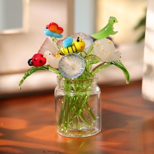 Handcrafted Glass Floral Arrangement, Tiny Glass Animals & Birth Flowers, Mother's Day Gift, Birthday Keepsake for Best Friend, Desk Decor