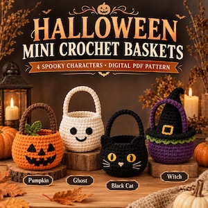 Puede incluir: Cuatro cestas pequeñas de ganchillo con diseños de Halloween: una calabaza naranja, un fantasma blanco, un gato negro y una bruja morada con sombrero. El texto dice HALLOWEEN MINI CROCHET BASKETS 4 SPOOKY CHARACTERS DIGITAL PDF PATTERN con etiquetas.