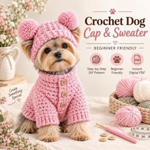 May include: A small dog wearing a pink crocheted sweater with three wooden buttons and a matching hat with two pom-poms. The text reads Crochet Dog Cap & Sweater, Beginner Friendly, Step-by-Step DIY Pattern, and Instant Digital PDF.