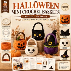 Halloween Mini Crochet Baskets PDF, 4 Spooky Designs, Pumpkin Ghost Cat Witch (Digital Download).