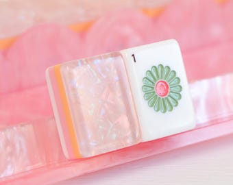 American Mahjong Set with 17.5 Inch Pearl Pink Pusher, Pastel Acrylic Tiles, Game Night Gift for Mahjong Lovers and Friends