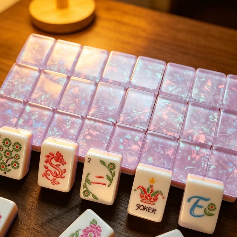 K&ouml;nnte beinhalten: Ein Set rechteckiger Mahjong-Spielsteine mit einer durchscheinenden, hellvioletten, irisierenden R&uuml;ckseite. Die Vorderseiten sind wei&szlig; und mit verschiedenen farbigen Gravuren versehen, darunter ein roter Drache, ein gr&uuml;nes Blumenmuster und ein Joker-Stein.