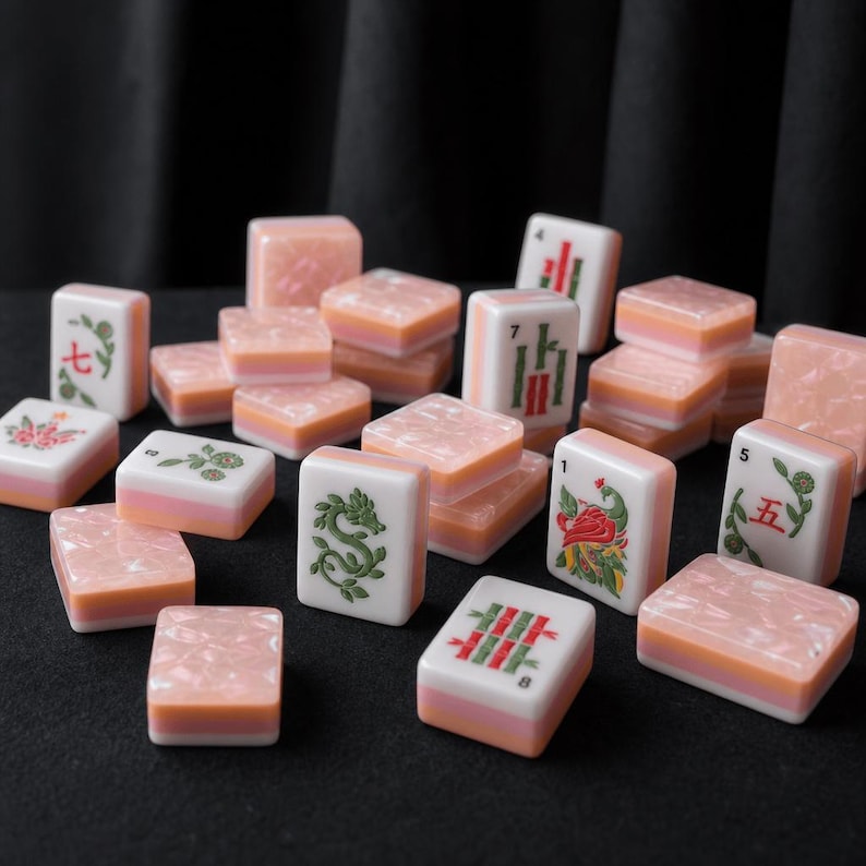 K&ouml;nnte beinhalten: Eine Sammlung rechteckiger Mahjong-Spielsteine mit einem geschichteten Design aus wei&szlig;er Oberseite, rosafarben-oranger Mitte und wei&szlig;er Basis. Die Steine zeigen verschiedene eingravierte gr&uuml;ne und rote Symbole, darunter einen Drachen und Zahlen.