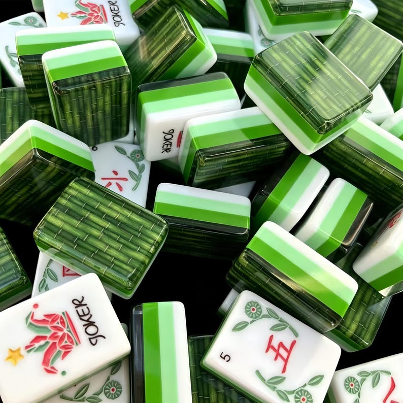 Grüner Bambus Amerikanisches Mahjong Set, Glänzende Acrylfliesen, Botanisches 160 Legespiel, Geschenk für Mahjongspieler und Sammler Bild 11