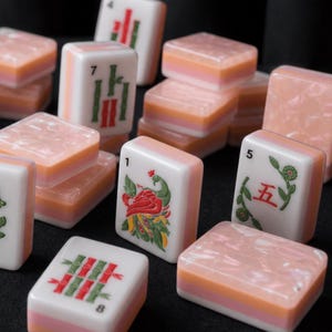 K&ouml;nnte beinhalten: Eine Sammlung rechteckiger Mahjong-Spielsteine mit einem geschichteten Design aus wei&szlig;er Oberseite, orangefarbener Mitte und rosa Basis. Einige Steine zeigen gr&uuml;ne Bambusmuster, einen roten Pfau, die Zahl 5 mit Blumen oder die Zahl 8.