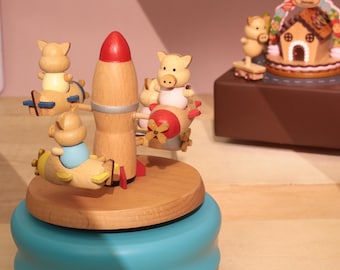 Handmade Wooden Piglet Music Box – Candy House and Airplane Theme, Personalized Gift for Kids
