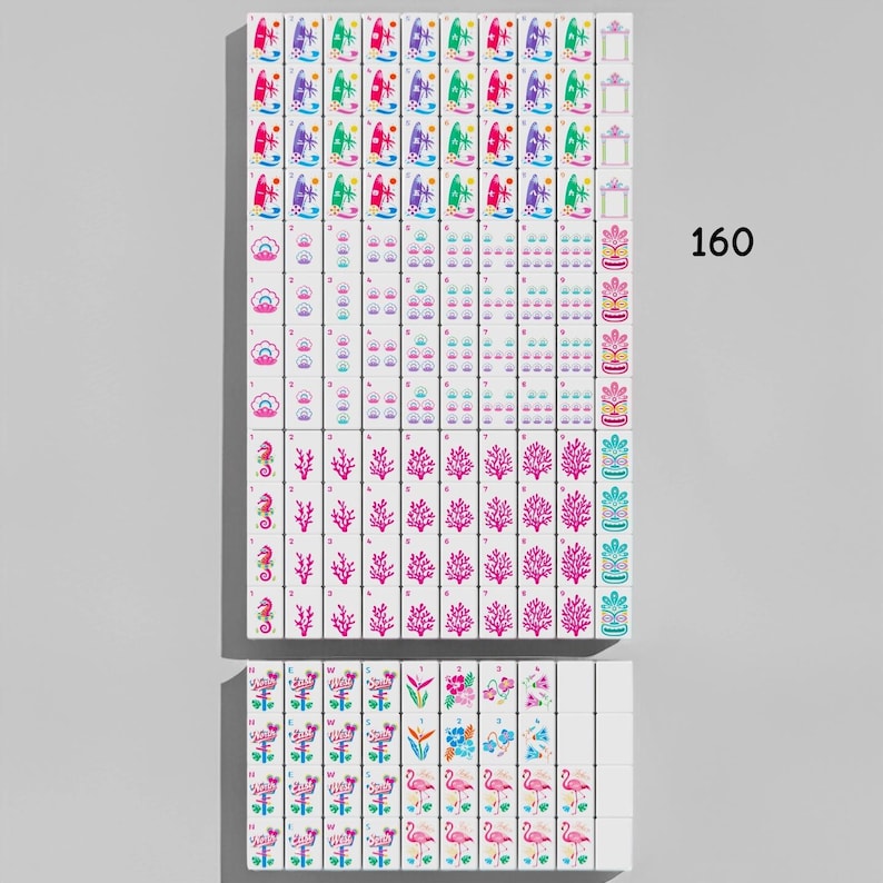 May include: A set of 160 white mahjong tiles arranged in a grid, featuring colorful illustrations of tropical themes including flamingos, seahorses, coral, shells, and flowers, with some tiles displaying the number 160 and directional letters.