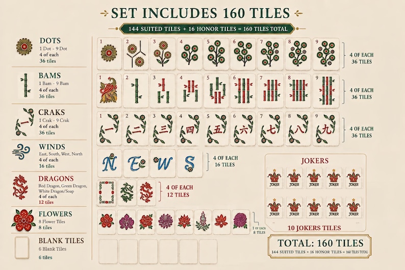 May include: A Mahjong tile set reference chart displaying 160 tiles in total. The layout includes dots, bams, craks, winds, dragons, flowers, blank tiles, and jokers. Each category is labeled with text, tile counts, and illustrations of the specific tile designs.